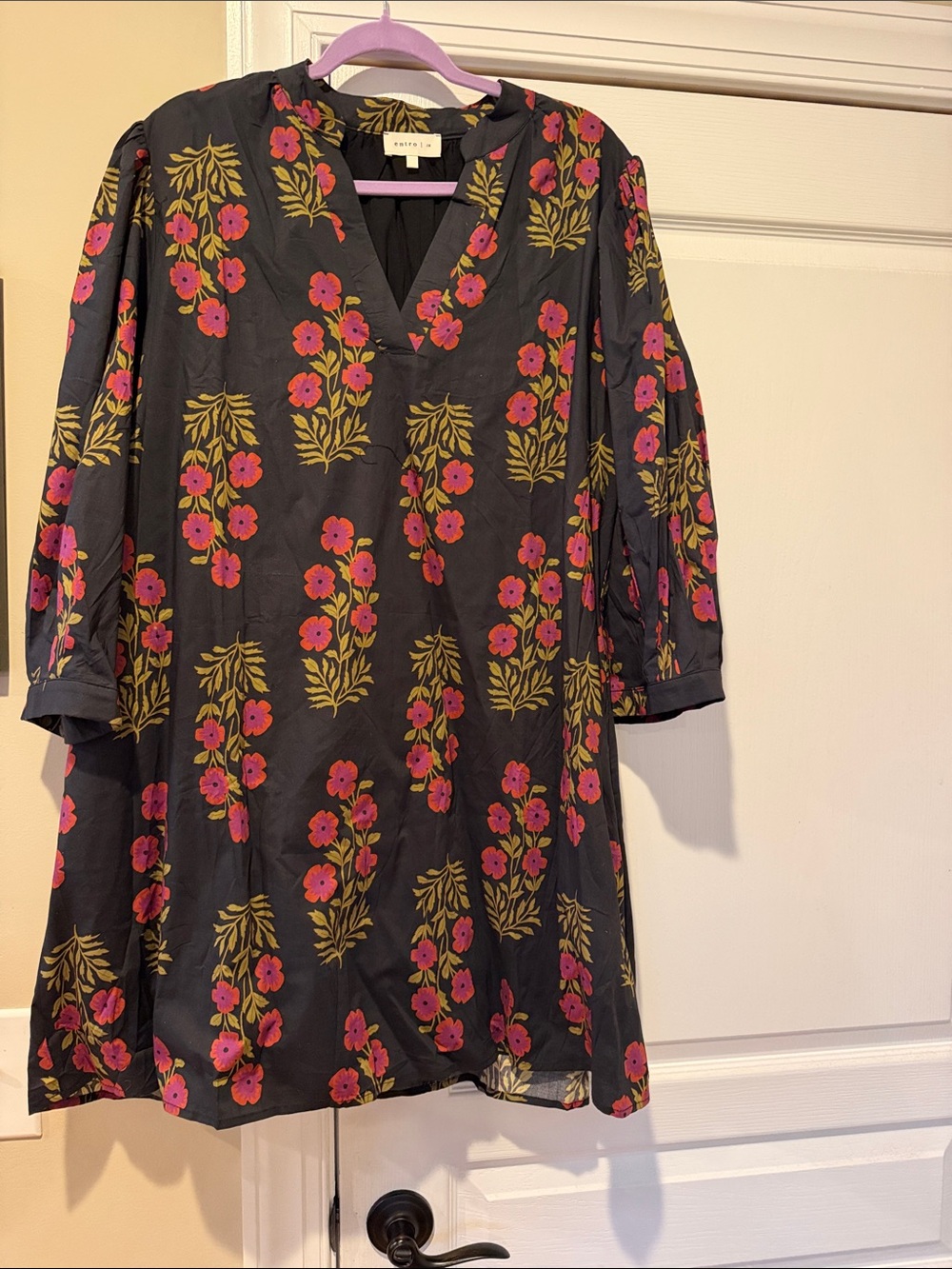 entro Black Floral Tunic Dress with Pink and Olive Green Print